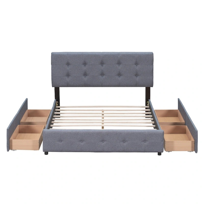 Queen Upholstered Platform Bed with Tufted Headboard and 4 Drawers