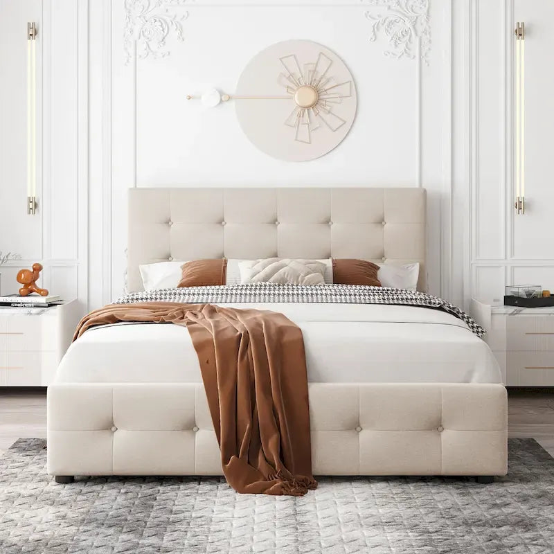 Queen Upholstered Platform Bed with Tufted Headboard and 4 Drawers