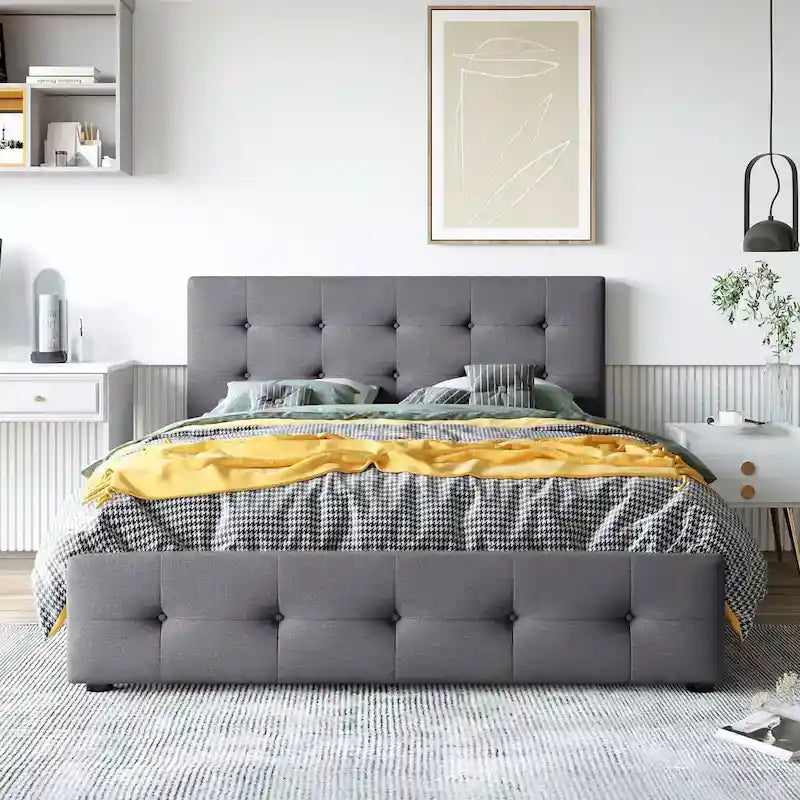 Queen Upholstered Platform Bed with Tufted Headboard and 4 Drawers