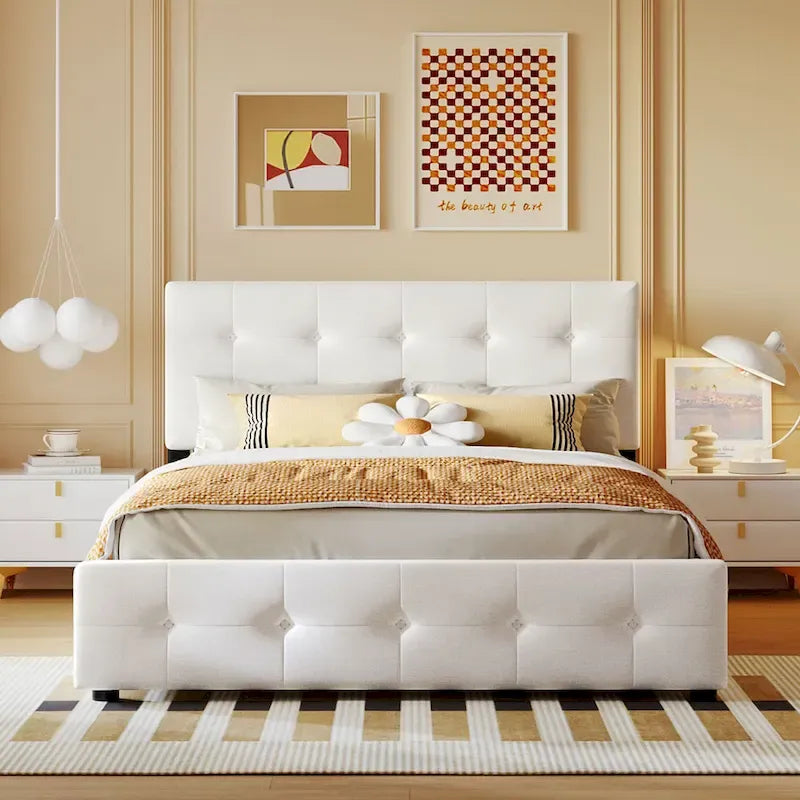 Queen Upholstered Platform Bed with Tufted Headboard and 4 Drawers