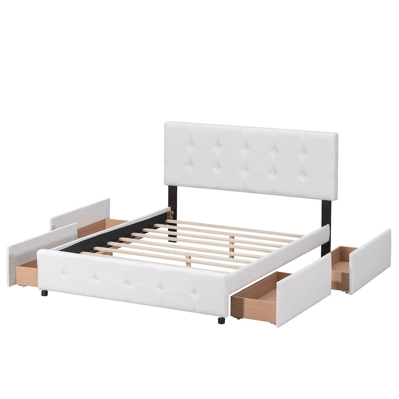 Queen Upholstered Platform Bed with Tufted Headboard and 4 Drawers