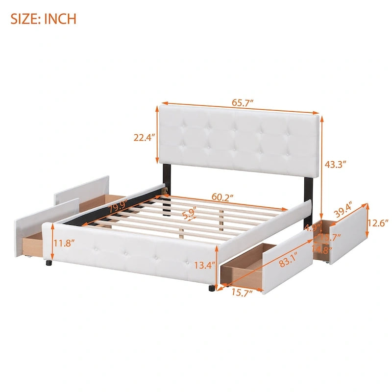 Queen Upholstered Platform Bed with Tufted Headboard and 4 Drawers