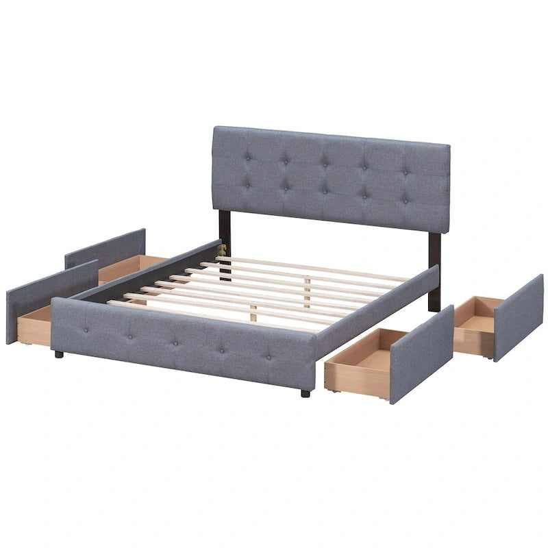 Queen Upholstered Platform Bed with Tufted Headboard and 4 Drawers