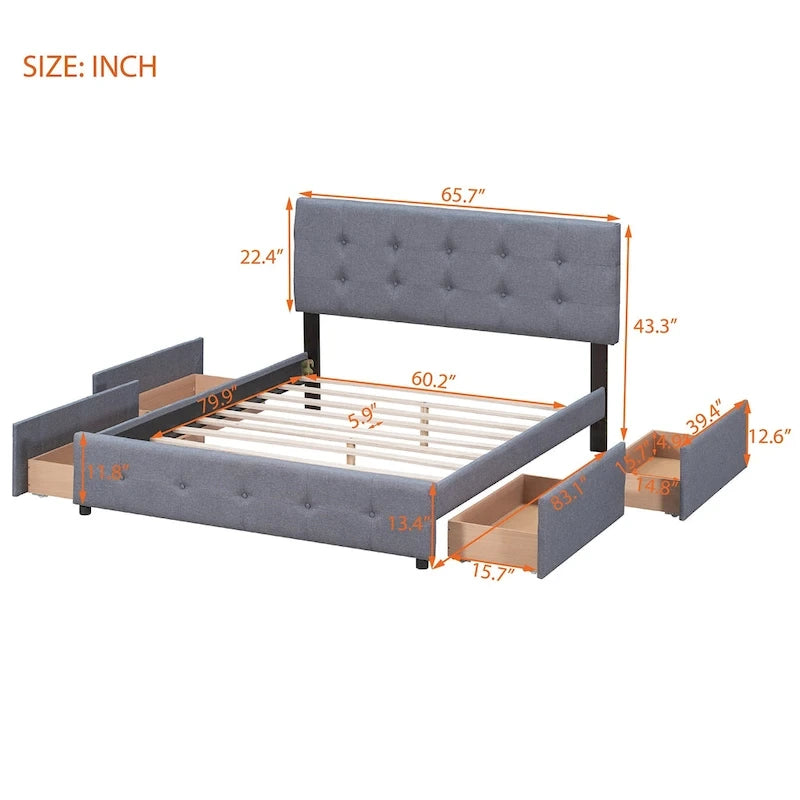 Queen Upholstered Platform Bed with Tufted Headboard and 4 Drawers