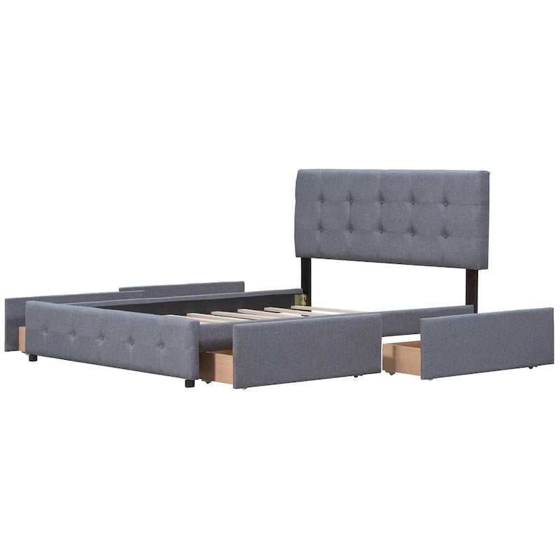 Queen Upholstered Platform Bed with Tufted Headboard and 4 Drawers