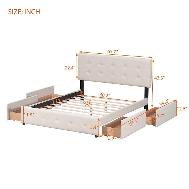 Queen Upholstered Platform Bed with Tufted Headboard and 4 Drawers