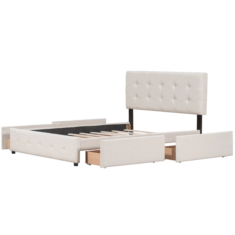 Queen Upholstered Platform Bed with Tufted Headboard and 4 Drawers