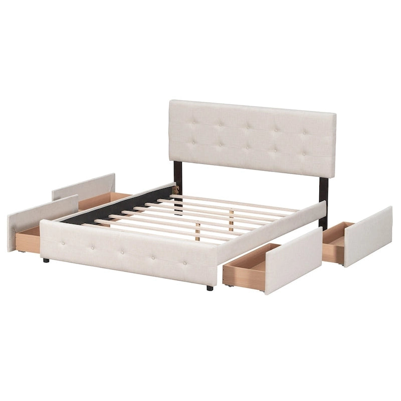 Queen Upholstered Platform Bed with Tufted Headboard and 4 Drawers