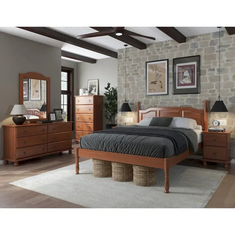 Solid Pine Platform Bed with Raised Panel Headboard