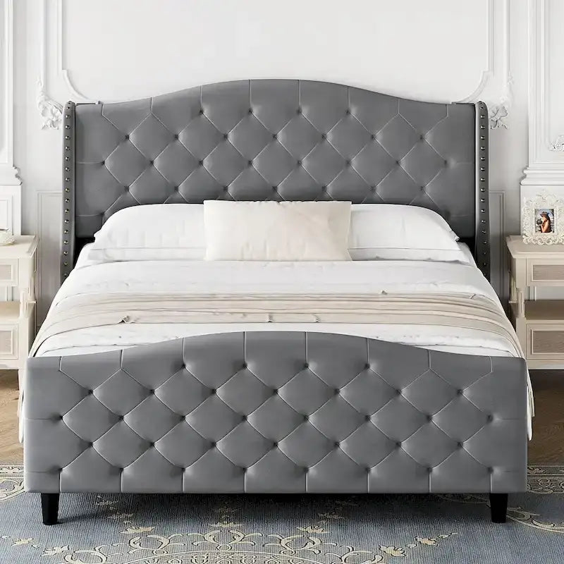 Queen Gray Velvet Platform Bed with Tufted Wingback Headboard