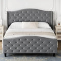 Queen Gray Velvet Platform Bed with Tufted Wingback Headboard