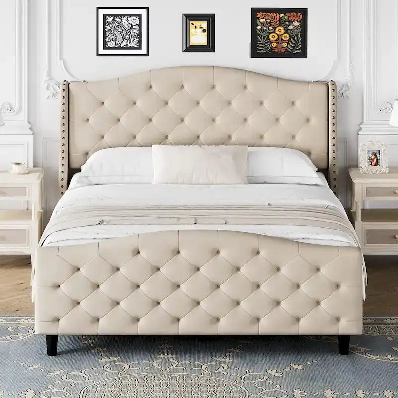 Queen Gray Velvet Platform Bed with Tufted Wingback Headboard