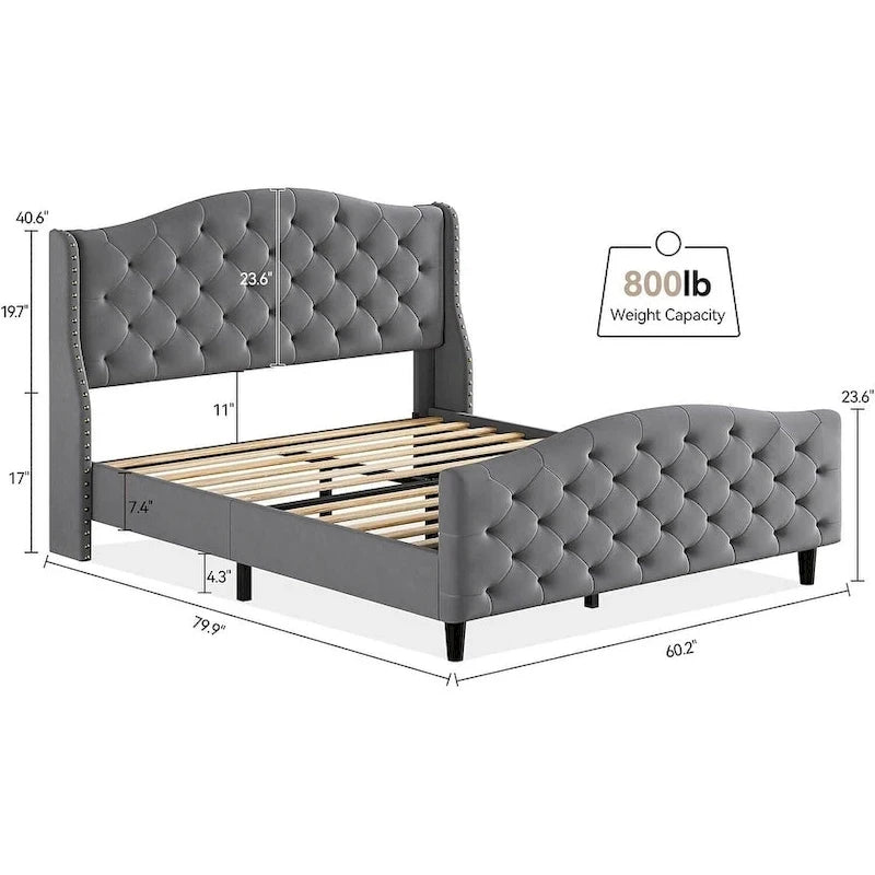 Queen Gray Velvet Platform Bed with Tufted Wingback Headboard