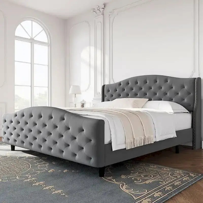 Queen Gray Velvet Platform Bed with Tufted Wingback Headboard