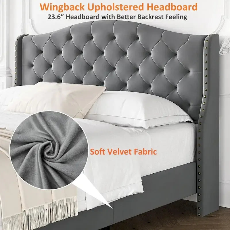 Queen Gray Velvet Platform Bed with Tufted Wingback Headboard