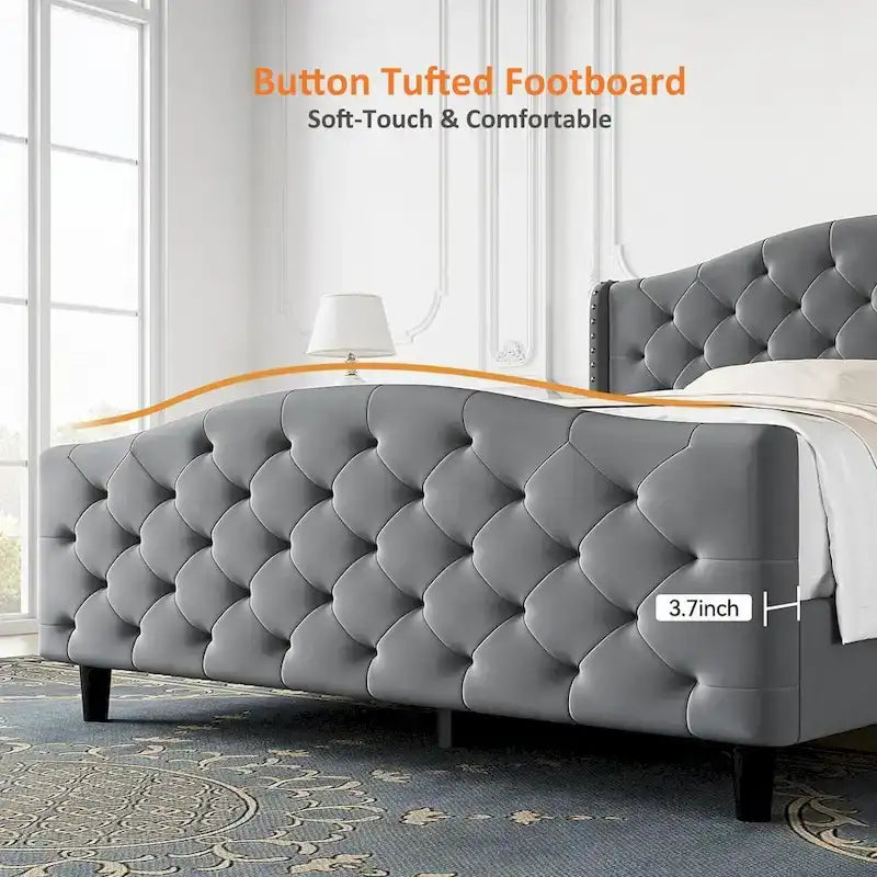 Queen Gray Velvet Platform Bed with Tufted Wingback Headboard