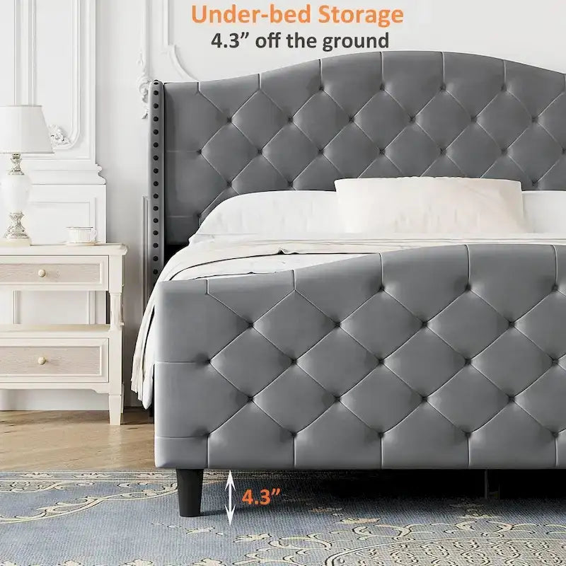 Queen Gray Velvet Platform Bed with Tufted Wingback Headboard