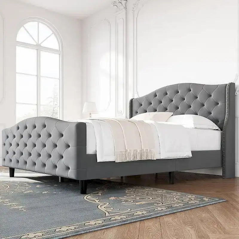Queen Gray Velvet Platform Bed with Tufted Wingback Headboard