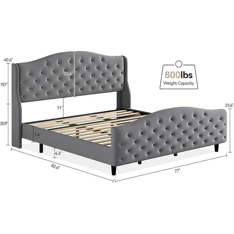 Queen Gray Velvet Platform Bed with Tufted Wingback Headboard