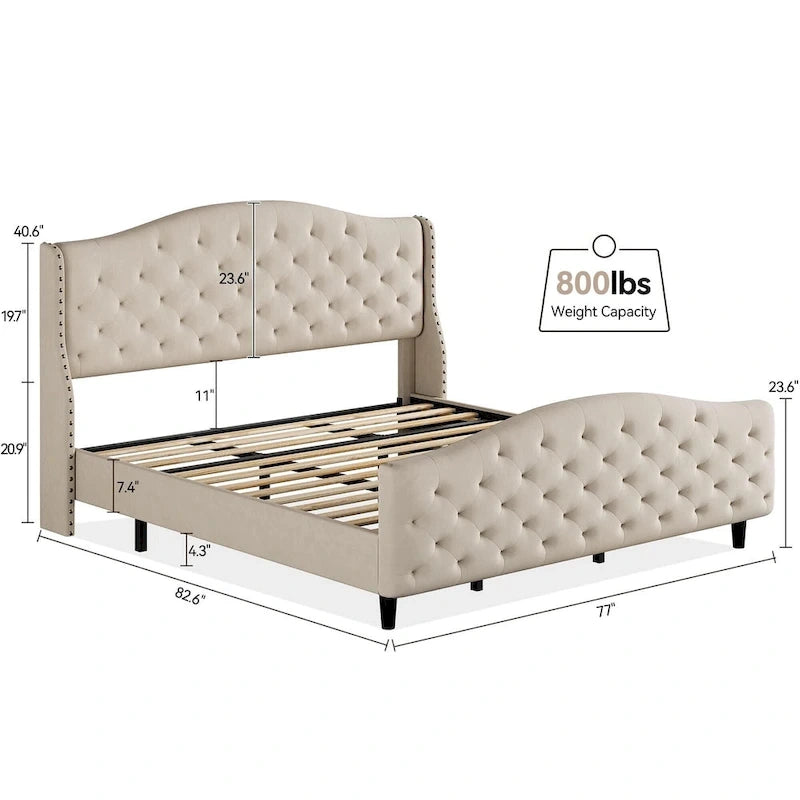 Queen Gray Velvet Platform Bed with Tufted Wingback Headboard