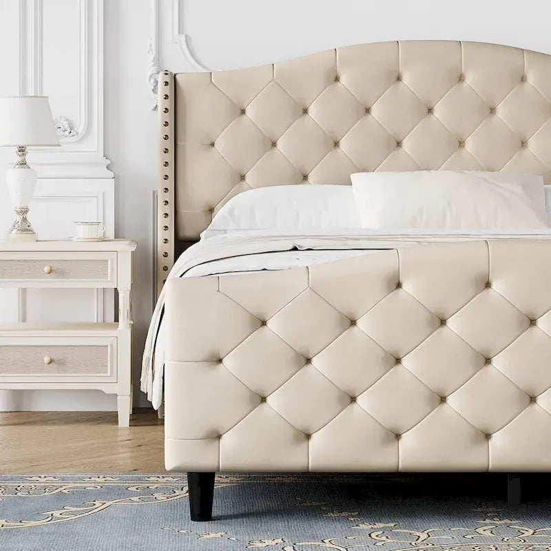 Queen Gray Velvet Platform Bed with Tufted Wingback Headboard