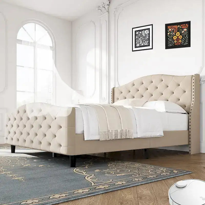 Queen Gray Velvet Platform Bed with Tufted Wingback Headboard
