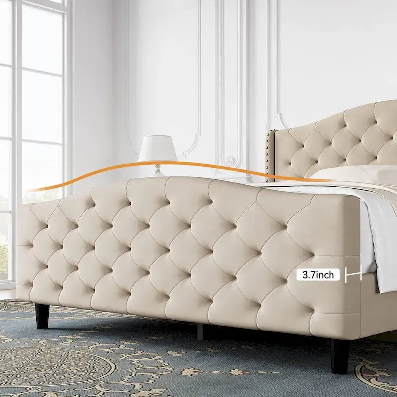 Queen Gray Velvet Platform Bed with Tufted Wingback Headboard