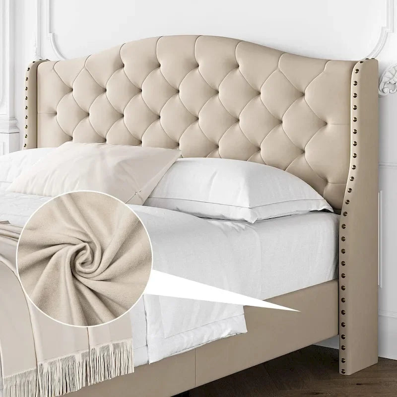 Queen Gray Velvet Platform Bed with Tufted Wingback Headboard