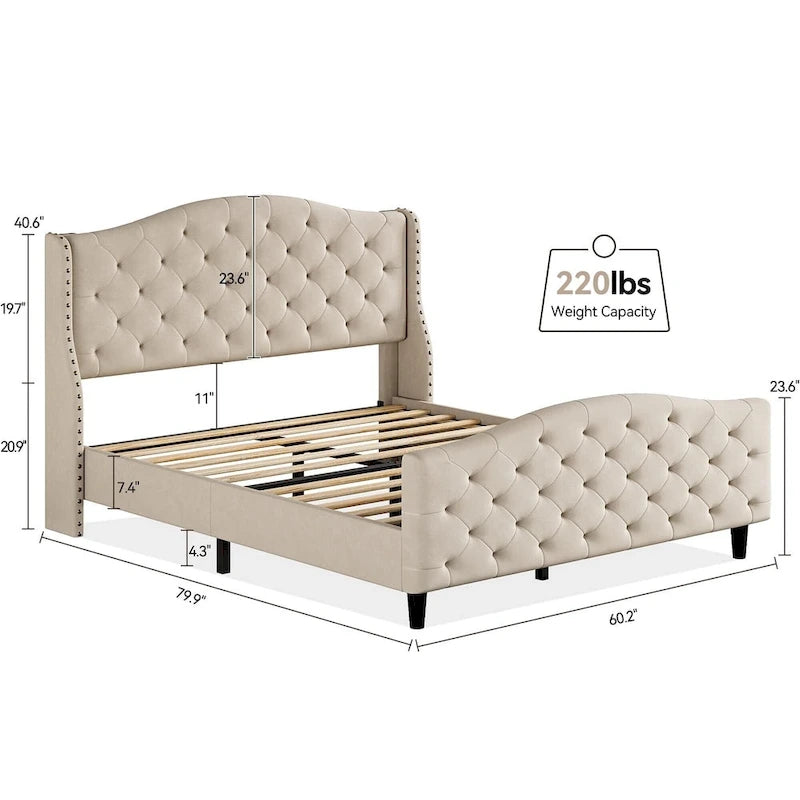 Queen Gray Velvet Platform Bed with Tufted Wingback Headboard