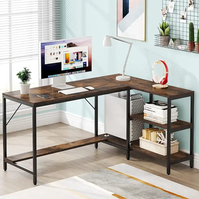 L-Shaped Corner Desk with Reversible Storage Shelves