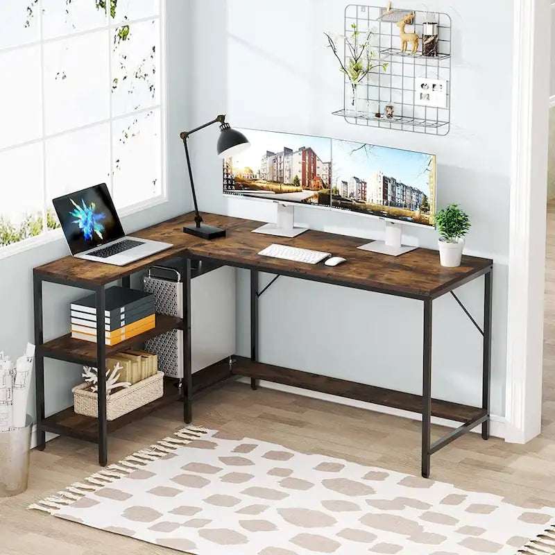 L-Shaped Corner Desk with Reversible Storage Shelves