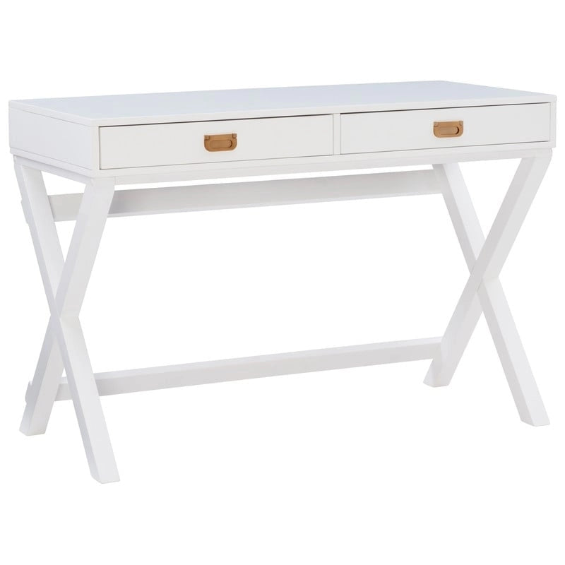 44-Inch White Writing Desk with X-Base and Two Drawers