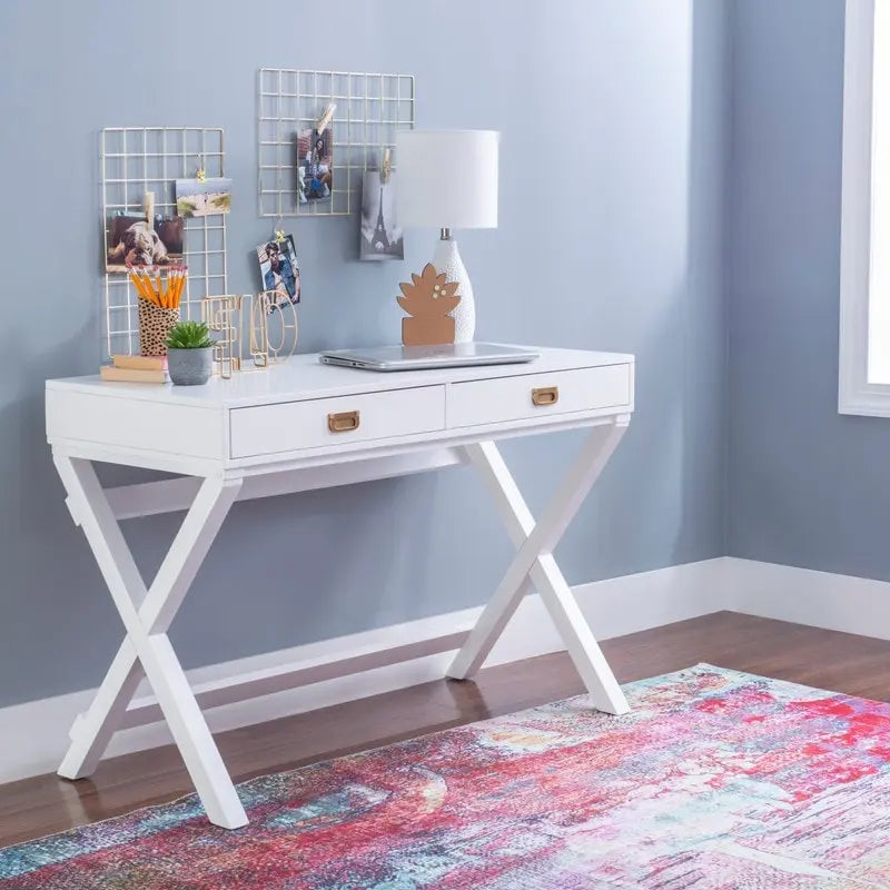 44-Inch White Writing Desk with X-Base and Two Drawers