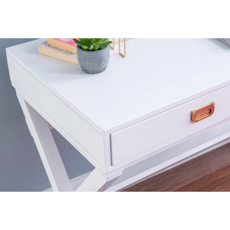 44-Inch White Writing Desk with X-Base and Two Drawers