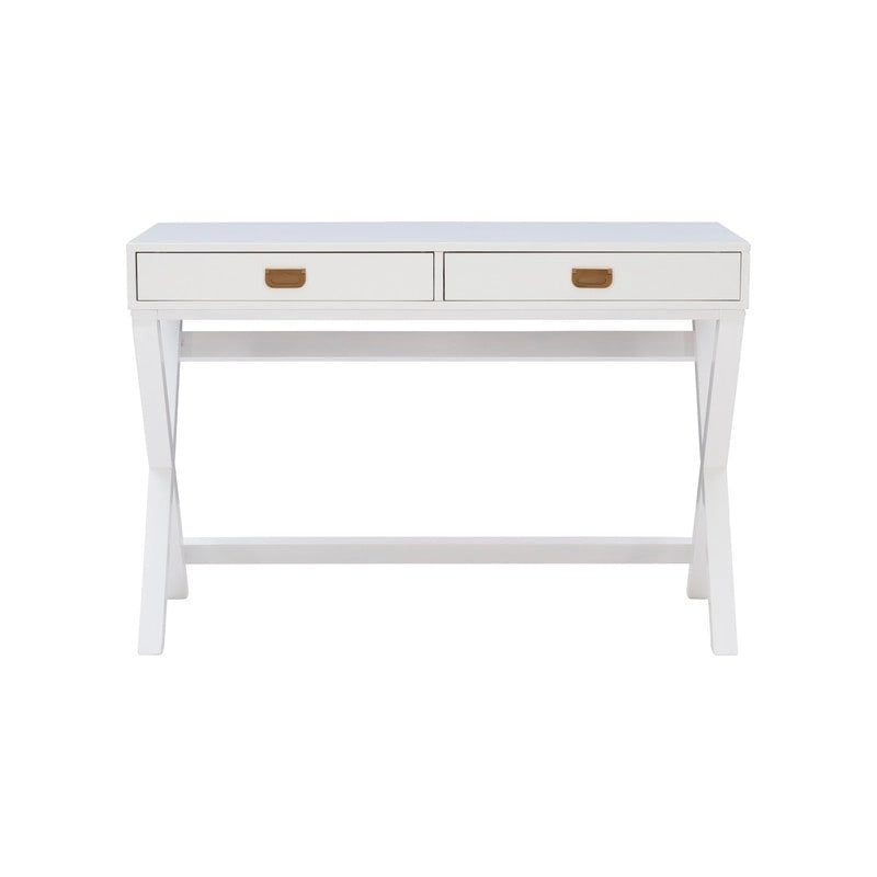 44-Inch White Writing Desk with X-Base and Two Drawers