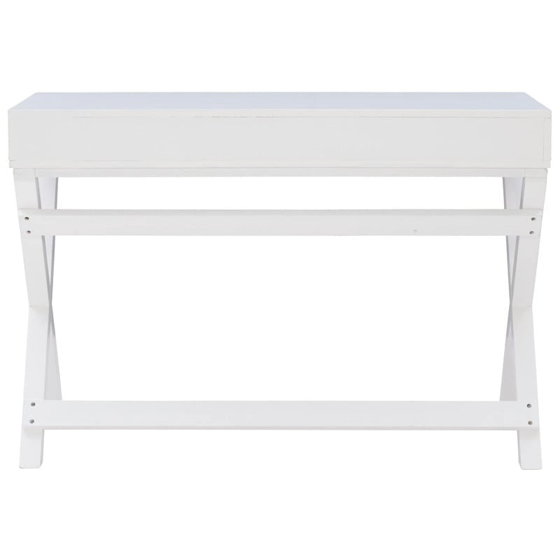 44-Inch White Writing Desk with X-Base and Two Drawers