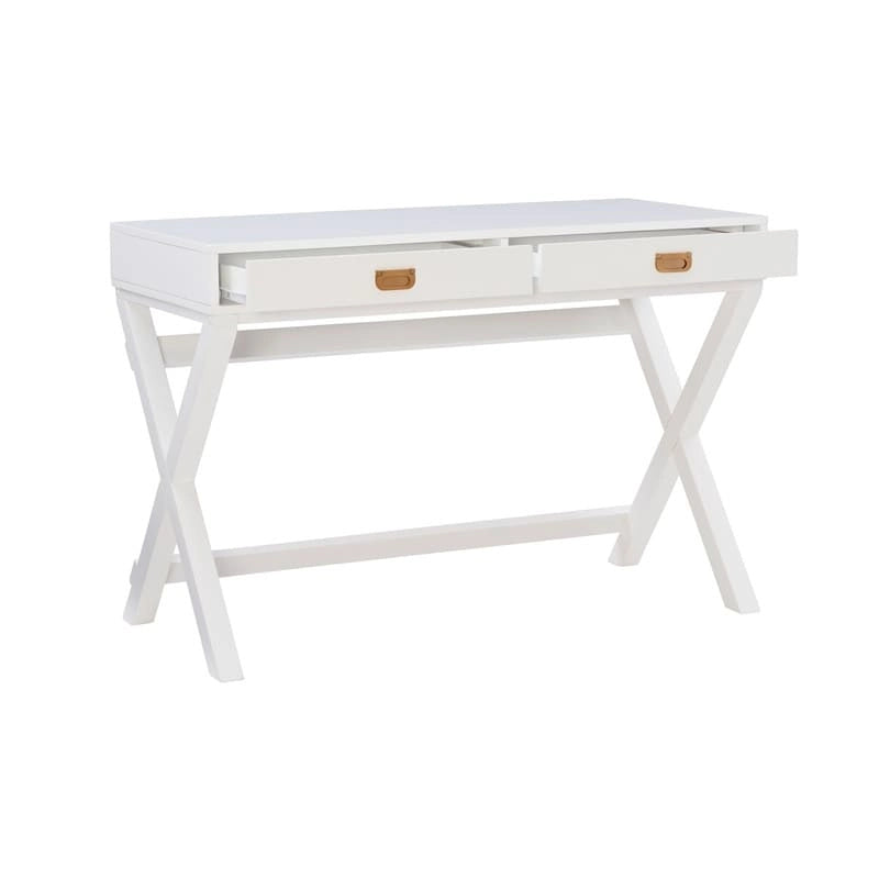 44-Inch White Writing Desk with X-Base and Two Drawers