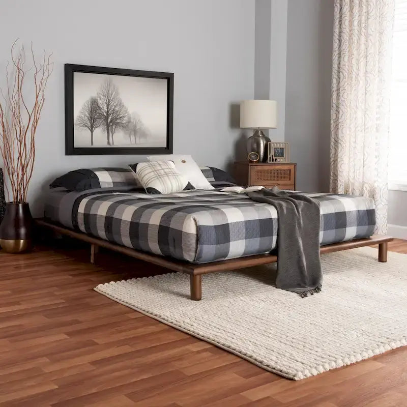 Mid-Century Modern Walnut Brown Wood Platform Bed Frame