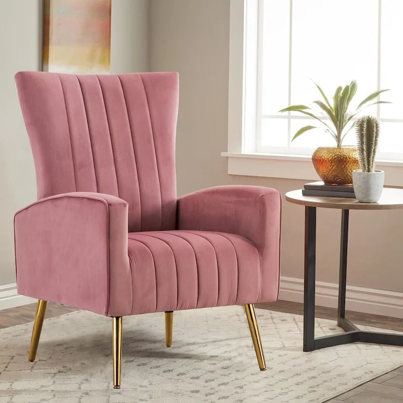 Velvet Comfy Accent Chair Cozy Arm Chair with Wingback and Gold Metal Legs