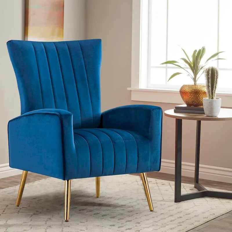 Fauteuil d'appoint en velours à dossier haut avec pieds métalliques dorés