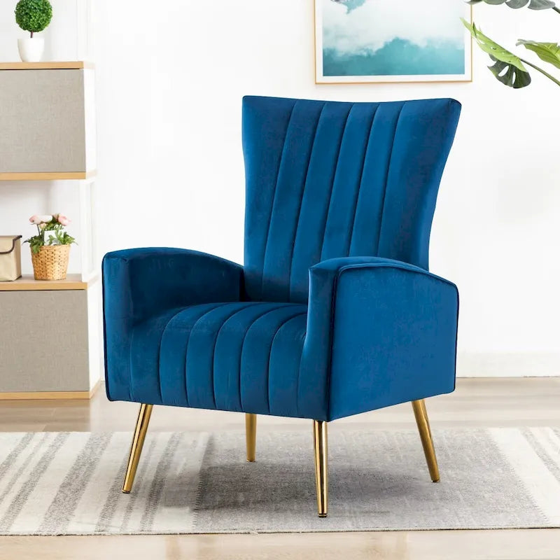 Fauteuil d'appoint en velours à dossier haut avec pieds métalliques dorés