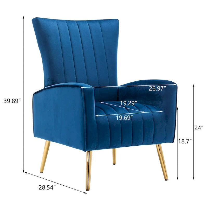 Fauteuil d'appoint en velours à dossier haut avec pieds métalliques dorés