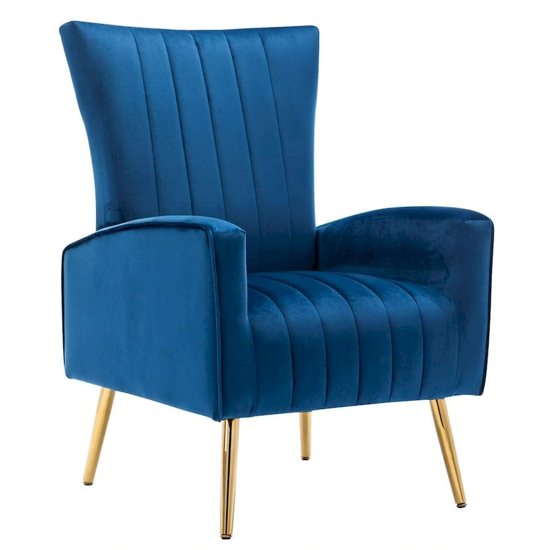 Fauteuil d'appoint en velours à dossier haut avec pieds métalliques dorés