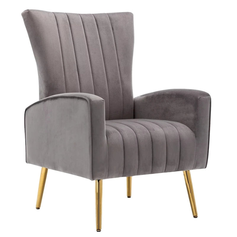 Fauteuil d'appoint en velours à dossier haut avec pieds métalliques dorés