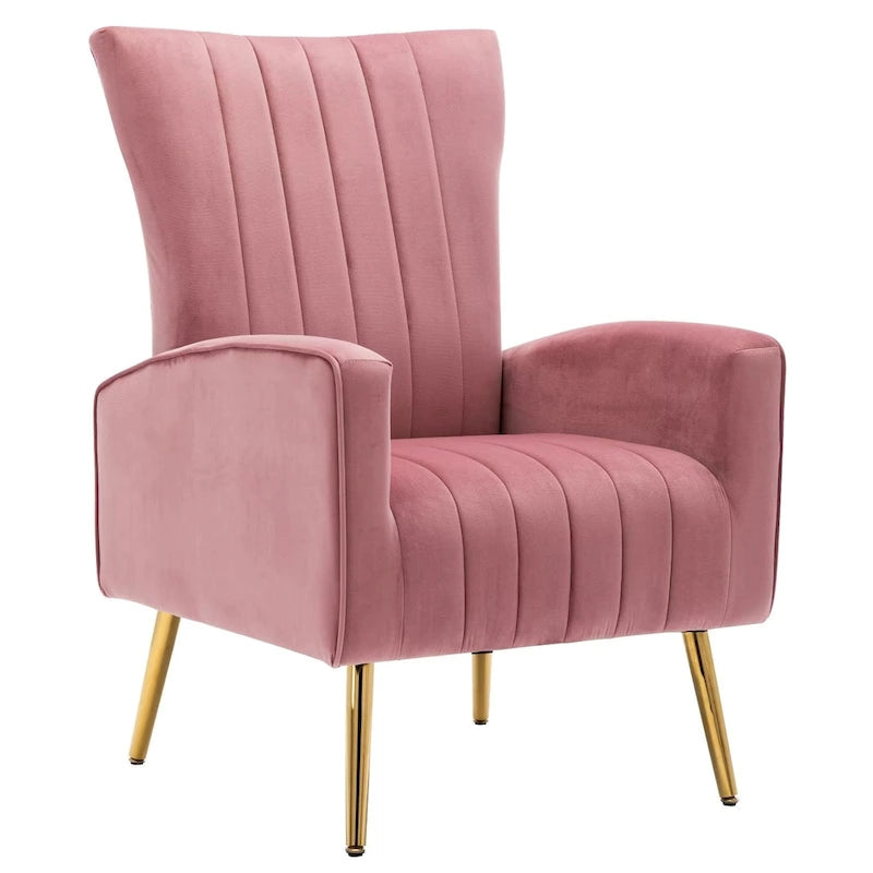 Fauteuil d'appoint en velours à dossier haut avec pieds métalliques dorés