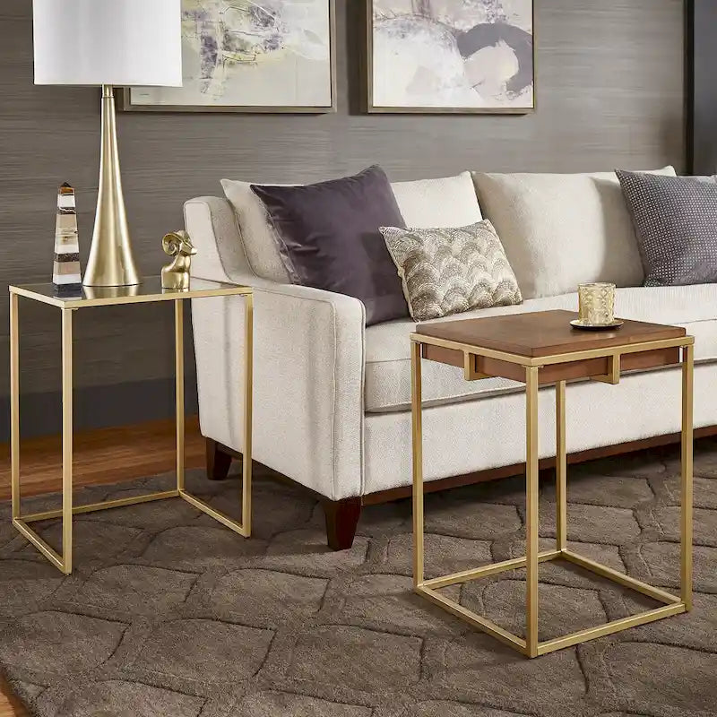 Walnut Veneer Accent Table with Gold-Finished Metal Base