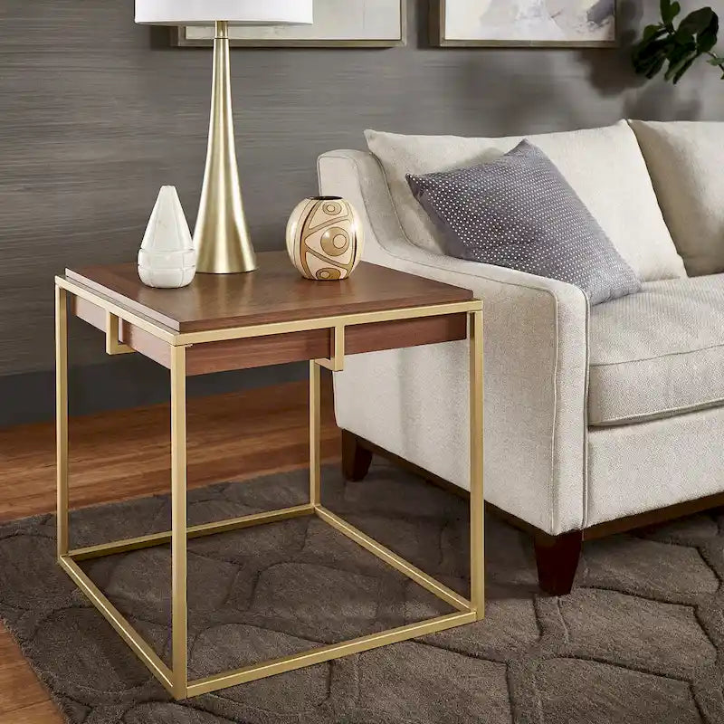 Walnut Veneer Accent Table with Gold-Finished Metal Base
