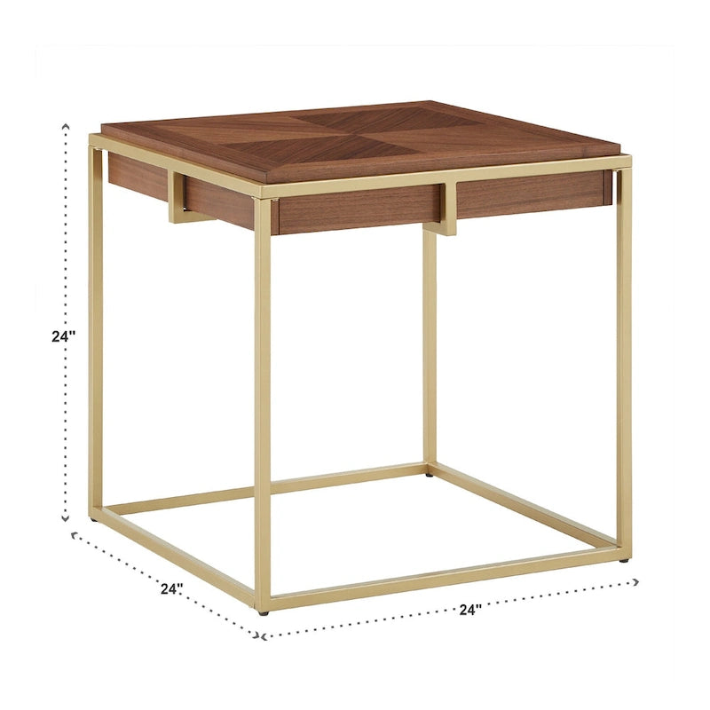 Walnut Veneer Accent Table with Gold-Finished Metal Base