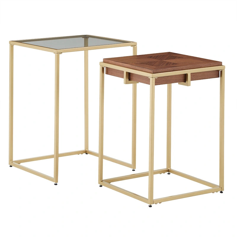 Beistelltisch mit Walnussfurnier und goldfarbenem Metallgestell