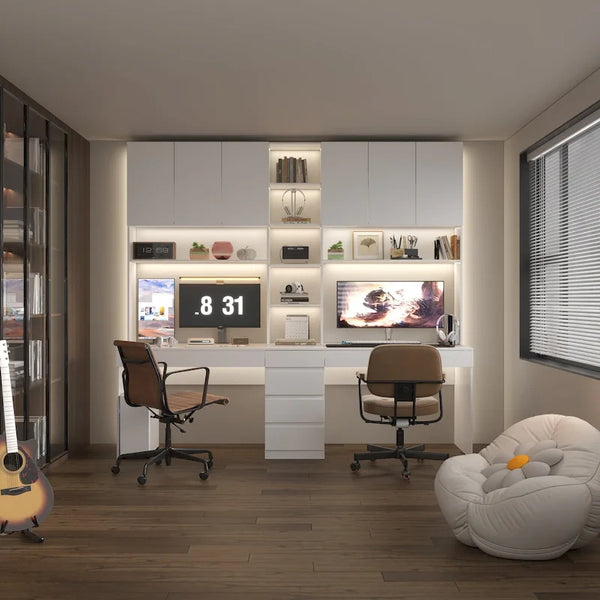 Dual-Person Modern Workstation Spacious White Gaming and Office Desk